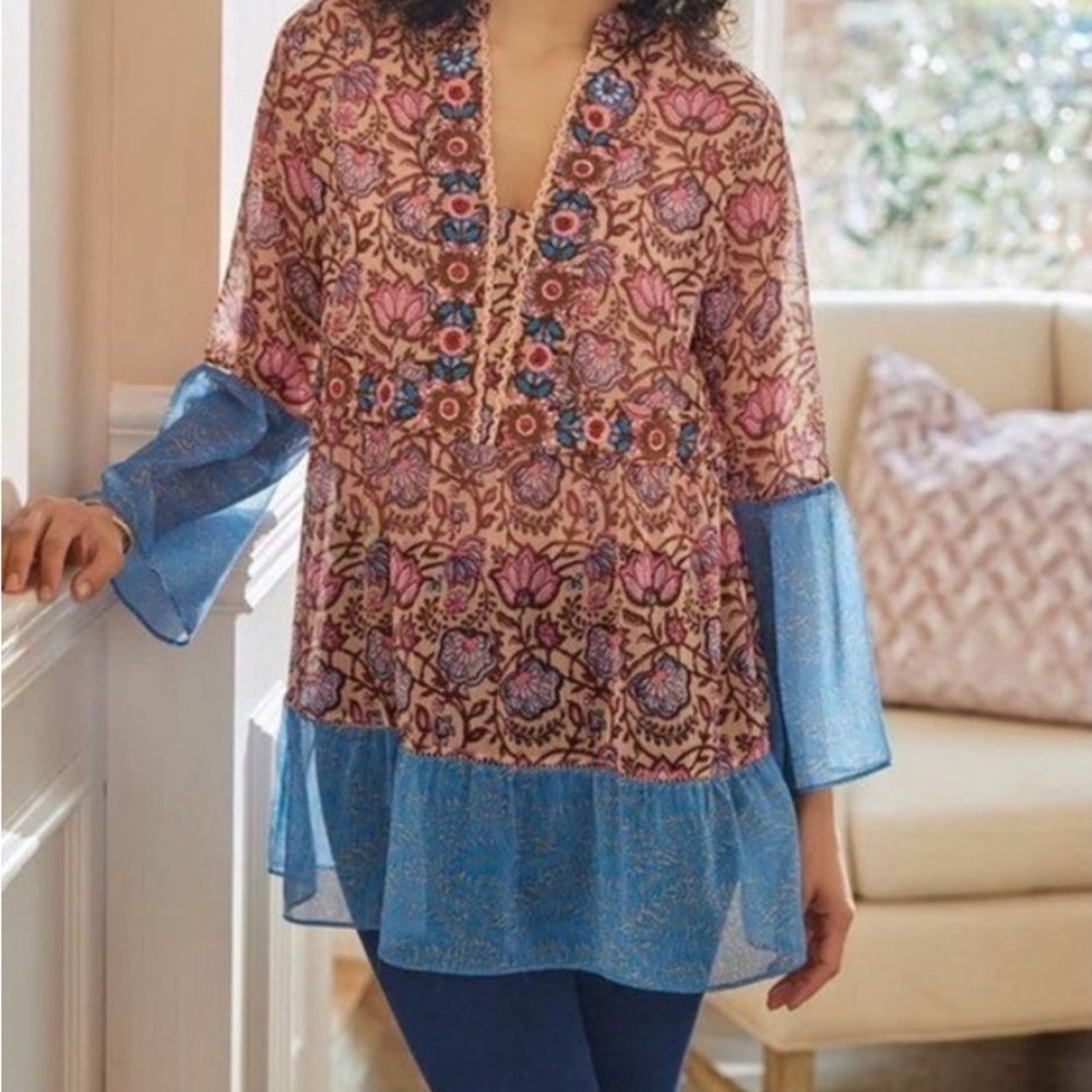 Soft Surroundings Embroidered Floral Boho Tunic Top Pink Blue Bell Sleeve Medium